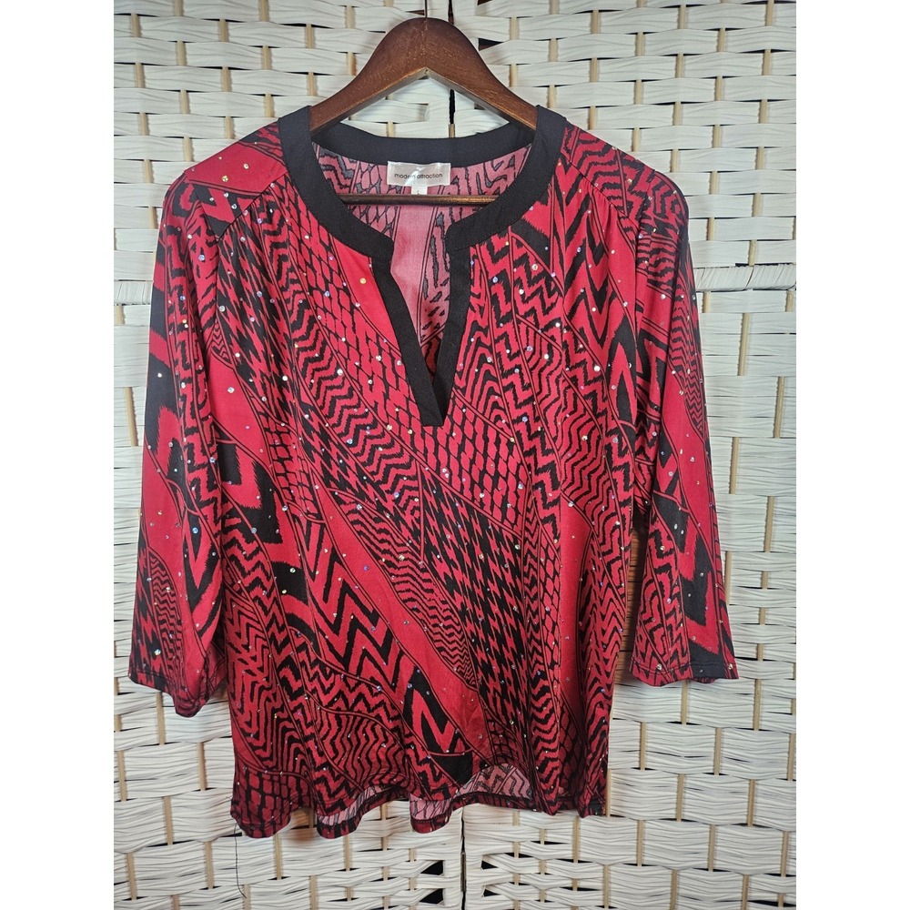 Modern Attraction Womens Red Black Embellished Top Sz L Christmas Holiday Party